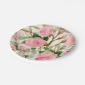 ピンクの牡丹の花葉、花と芽のパターン ペーパープレート (アングル)