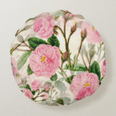 ピンクの牡丹の花葉、花と芽のパターン ラウンドクッション (裏面)