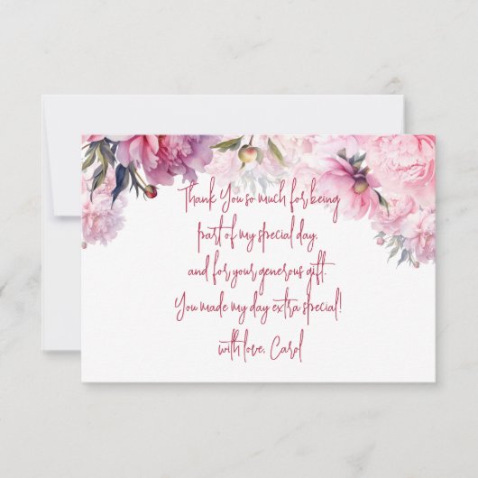 ピンクの牡丹の誕生日パーティーの水色 サンキューカード (正面)