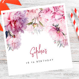 ピンクの牡丹の誕生日パーティーの水色 スタンダードランチョンナプキン