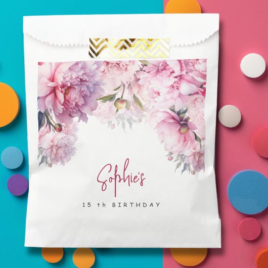 ピンクの牡丹の誕生日パーティーの水色 フェイバーバッグ