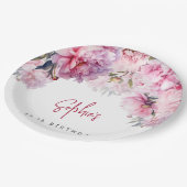 ピンクの牡丹の誕生日パーティーの水色 ペーパープレート (アングル)