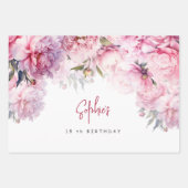 ピンクの牡丹の誕生日パーティーの水色 ラッピングペーパーシート (正面)