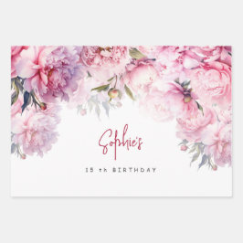 ピンクの牡丹の誕生日パーティーの水色 ラッピングペーパーシート