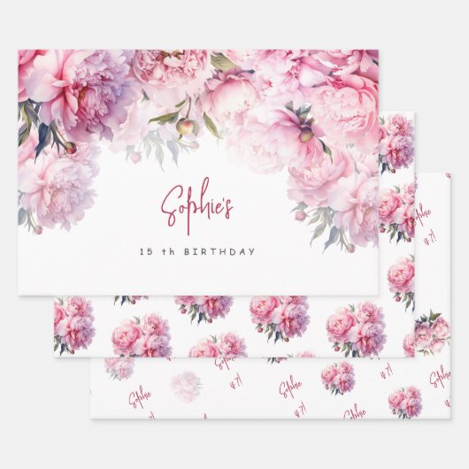 ピンクの牡丹の誕生日パーティーの水色 ラッピングペーパーシート (セット)