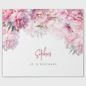 ピンクの牡丹の誕生日パーティーの水色 ラッピングペーパー (フラット)