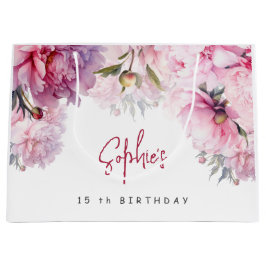 ピンクの牡丹の誕生日パーティーの水色 ラージペーパーバッグ