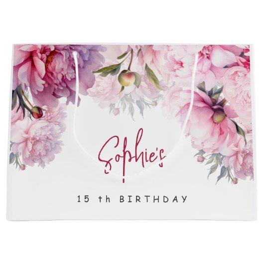 ピンクの牡丹の誕生日パーティーの水色 ラージペーパーバッグ (正面)