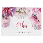 ピンクの牡丹の誕生日パーティーの水色 ラージペーパーバッグ (裏面)