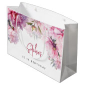 ピンクの牡丹の誕生日パーティーの水色 ラージペーパーバッグ (裏面アングル)