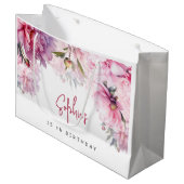 ピンクの牡丹の誕生日パーティーの水色 ラージペーパーバッグ (正面アングル)