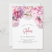 ピンクの牡丹の誕生日パーティーの水色 招待状 (正面)