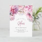 ピンクの牡丹の誕生日パーティーの水色 招待状 (スタンド正面)