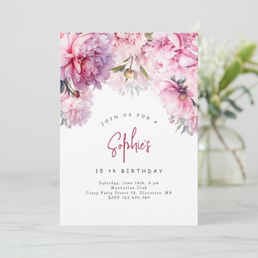 ピンクの牡丹の誕生日パーティーの水色 招待状 (スタンド正面)