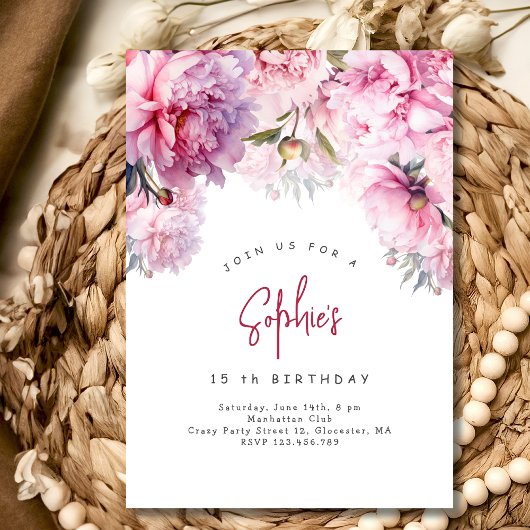 ピンクの牡丹の誕生日パーティーの水色 招待状