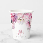 ピンクの牡丹の誕生日パーティーの水色 紙コップ (正面)