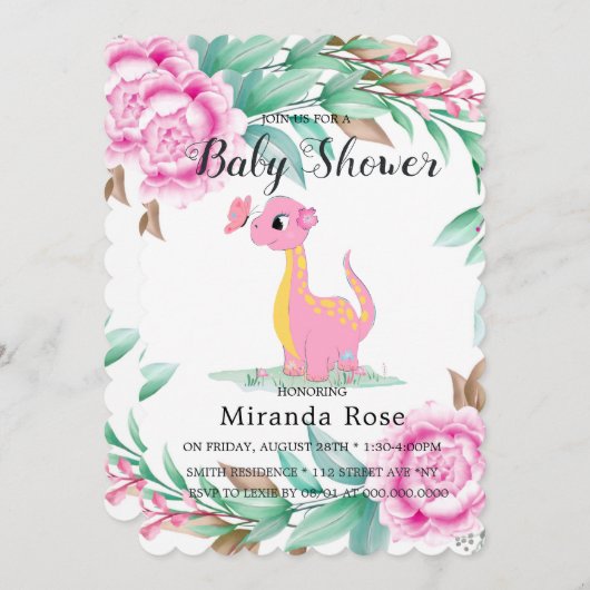 ピンクの牡丹の赤ちゃん女の子シャワー付きかわいい恐竜 招待状 (正面/裏面)