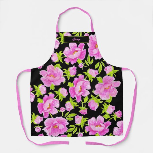ピンクの牡丹の黒い背景 エプロン (正面)