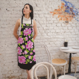 ピンクの牡丹の黒い背景 エプロン