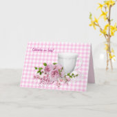 ピンクの牡丹を持つバースデーカップとソーサー カード (黄色い花)