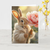 ピンクの牡丹を持つ毛皮のコートの誕生日バニー カード (黄色い花)