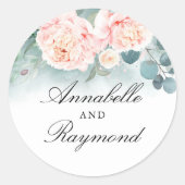 ピンクの牡丹エレガントの水彩緑の花束 ラウンドシール (正面)