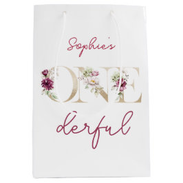 ピンクの牡丹オンダーフル誕生日パーティーの水色 ミディアムペーパーバッグ