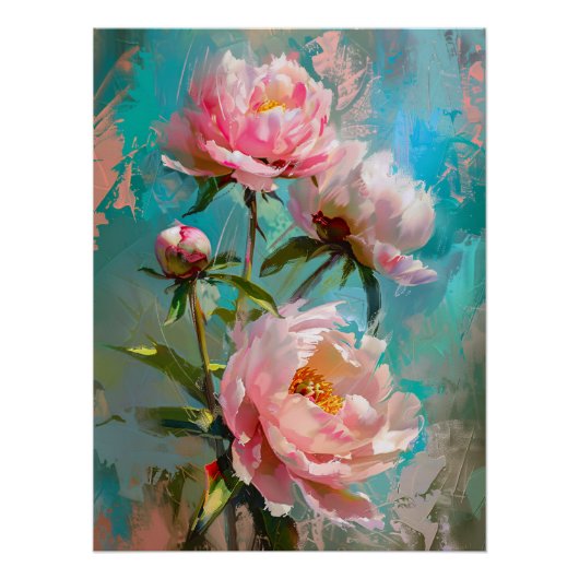 ピンクの牡丹オンブルー絵を描 ポスター (正面)