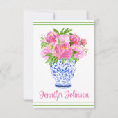 ピンクの牡丹チノワセ縁どリパーソナライズされたの花瓶 サンキューカード (正面)