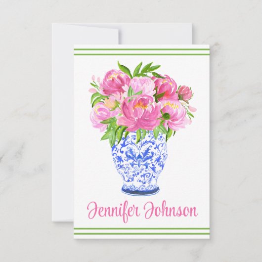 ピンクの牡丹チノワセ縁どリパーソナライズされたの花瓶 サンキューカード (正面)