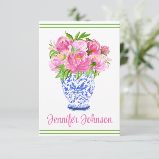 ピンクの牡丹チノワセ縁どリパーソナライズされたの花瓶 サンキューカード (スタンド正面)