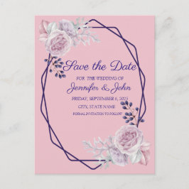 ピンクの牡丹パープルジオメトリフレーム日付を保存 案内ポストカード