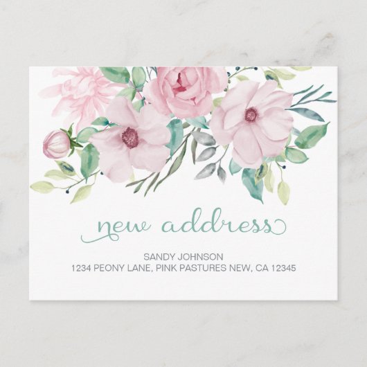 ピンクの牡丹フローラの新住所 案内ポストカード (正面)