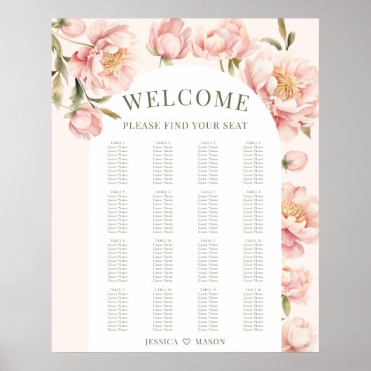 ピンクの牡丹フローラ結婚アーチの座席表 ポスター (正面)