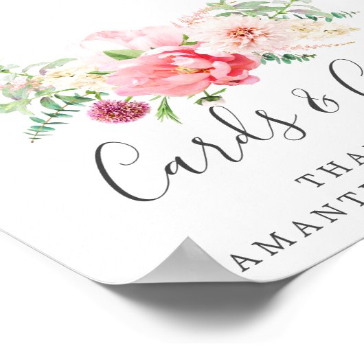 ピンクの牡丹フローラ結婚式カードとギフトサイン ポスター (角)