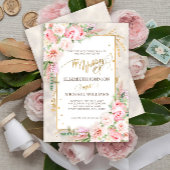 ピンクの牡丹フローラ金ゴールドスクリプトとフレーム 招待状