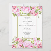 ピンクの牡丹フローラ金ゴールド幾何学的結婚写真 招待状 (正面)