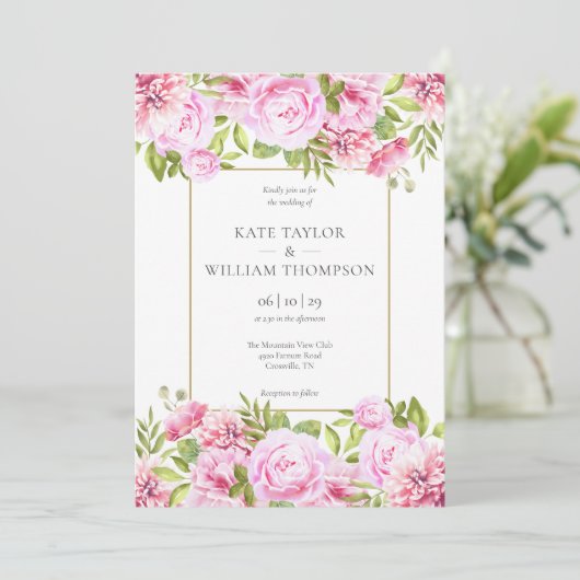 ピンクの牡丹フローラ金ゴールド幾何学的結婚写真 招待状 (スタンド正面)