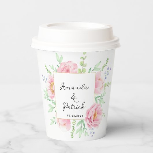 ピンクの牡丹水彩結婚式 紙コップ (正面)