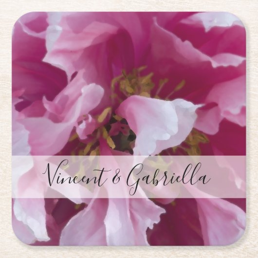 ピンクの牡丹結婚の花 スクエアペーパーコースター (正面)