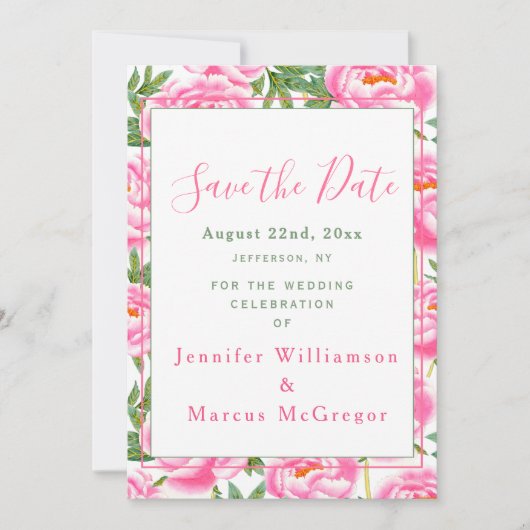 ピンクの牡丹結婚ズ – 日付カードを保存 セーブザデート (正面)