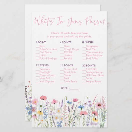 ピンクの牧草地のワイルドフラワーあなたの財布のゲームの中に何 (正面/裏面)