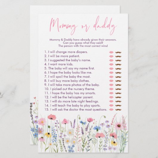 ピンクの牧草地の花ママまたはパパのシャワーゲーム (正面/裏面)