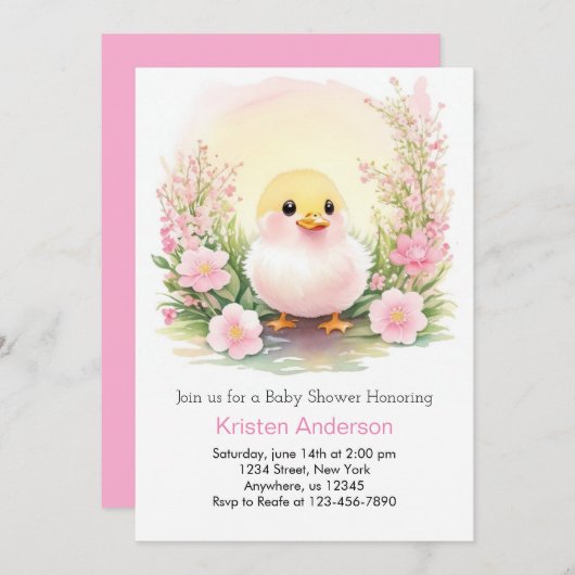 ピンクの牧草地ウィムジーのアヒルの女の子の赤ちゃんシャワー 招待状 (正面/裏面)