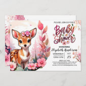 ピンクの牧草地ベビー鹿の水の色ベビーシャワー 招待状 (正面/裏面)