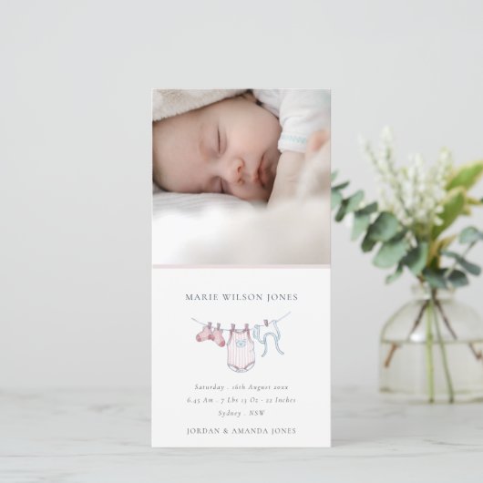 ピンクの物干し写真ベビー誕生発表 サンキューカード (スタンド正面)