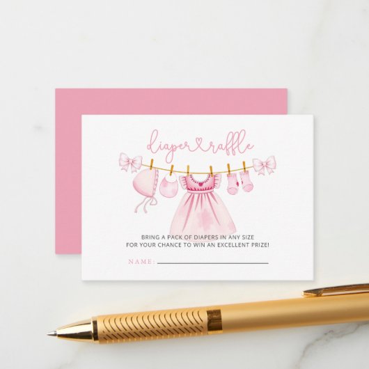 ピンクの物干し女の子の赤ちゃんシャワーおむつラッフル エンクロージャーカード (正面/裏面インサイチュ)