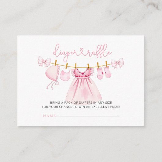 ピンクの物干し女の子の赤ちゃんシャワーおむつラッフル エンクロージャーカード (正面)
