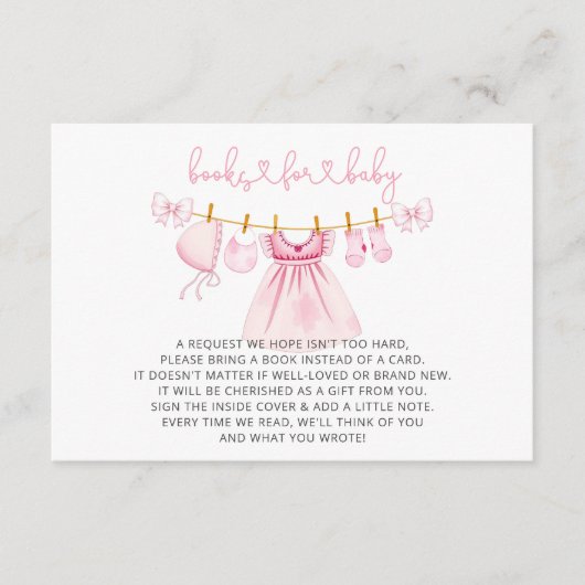 ピンクの物干し女の子の赤ちゃんシャワー本のリクエスト エンクロージャーカード (正面)