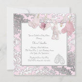 ピンクの物干し用ベビーガールシャワー 招待状 (裏面)